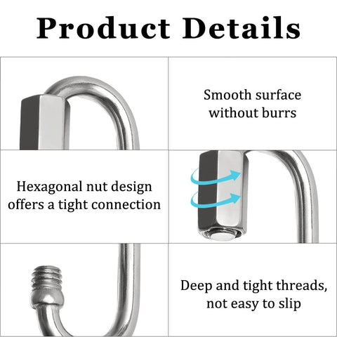 Product details showing 304 stainless steel quick links with hexagonal nut design, smooth surface, deep threads for tight connections