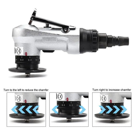 Compact Mini Pneumatic Chamfering Tool With Replaceable Blades And Bearings, 45 Degree Air Beveler side view with adjustment mechanism.