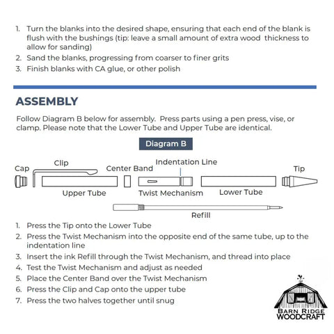 Assembly instructions and diagram for Pro Slimline Pen Kit Set For Wood Turning Ten Pack With Multiple Finishes 7mm Twist Pen Kit Includes Refills.