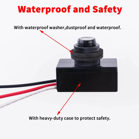 Side view of DC 8 To 50V Photoelectric Switch showing waterproof and dustproof features with three-wire setup for outdoor use.