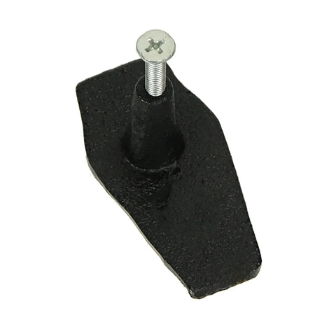 Gothic Black Cast Iron Coffin Drawer Pulls, single piece, showing screw attachment, cast iron material, 2.5 inches long, 1.5 inches high.