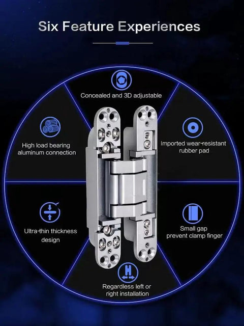 Heavy Duty Invisible Concealed 3 Way Adjustable Butt Hinge For Wooden Doors With 180 Degree Opening Zinc Aluminum Alloy 6 By 2.5 By 1 Inch Built To Last Easy Install For Commercial Residential Industrial Doors showing six feature experiences including concealed design and high load bearing capability.