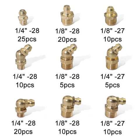Boeray 115pc brass Zerk fittings assortment kit for hydraulic grease, SAE standard, straight and angled 1/4in/1/8in fittings
