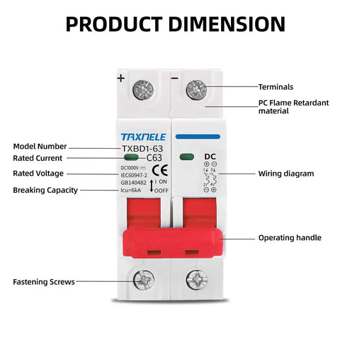 Front view of 2P 1000V 63A Solar DC Mini Circuit Breaker With Thermal Magnetic Trip, DIN Rail Mount DC Disconnect Switch, with labeled features.