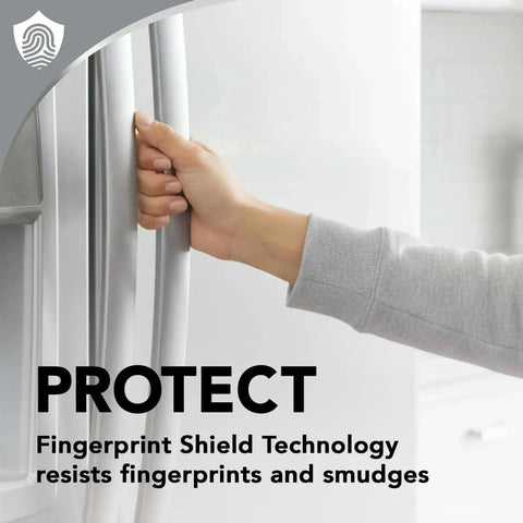 Stainless Steel Cleaner And Polish Kit, 2 Pack With Anti Fingerprint Spray, showing use on stainless steel refrigerator handle.