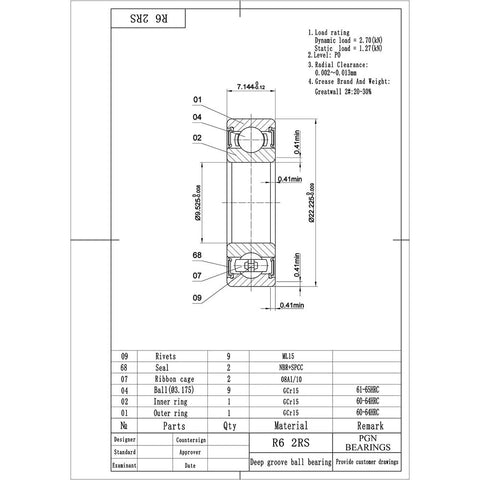 PGN R6-2RS bearing technical drawing; sealed chrome steel ball bearing with rubber seal, 3/8 x 7/8 x 9/32 in.