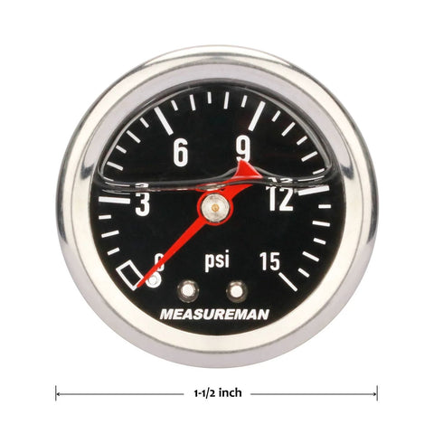 MeasureMan 1.5 in black dial liquid-filled fuel pressure gauge, 0-15 psi, chrome bezel, 1/8" NPT center back mount.