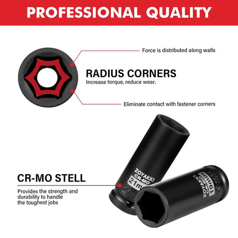 1/2 Inch Drive Impact Socket Set 4 Piece CR-MO Steel 6-Point Deep Sockets Metric 17mm 19mm 21mm 22mm With Durable Storage Case
