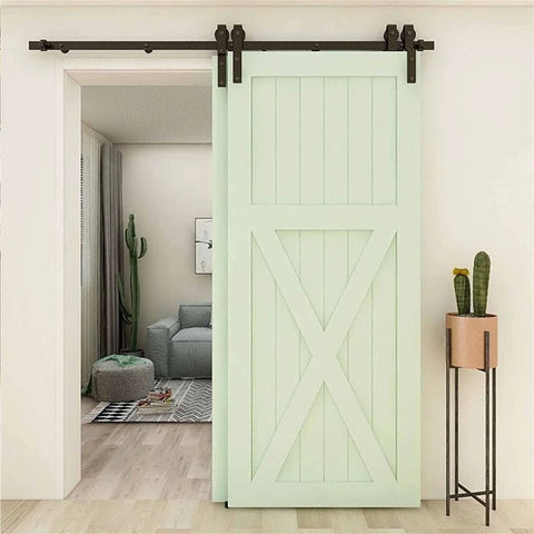 Front view of Built Like A Tank Sliding Barn Door Hardware Kit for Double Doors with Monorail Bypass Rail System, black powder coat.