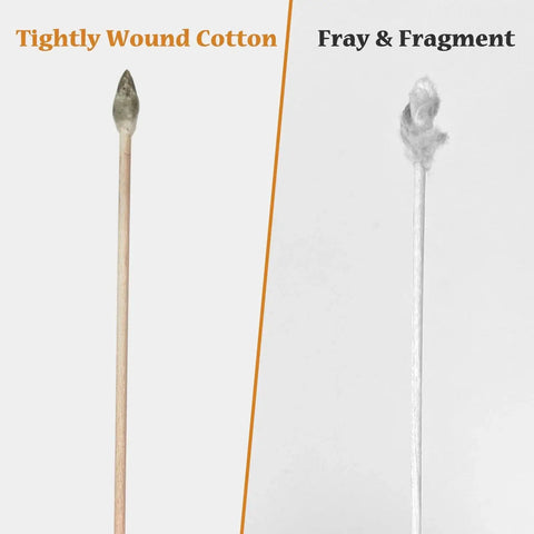 Comparison of tightly wound and frayed cotton tips on Double-Ended 6-Inch Bamboo Cotton Swabs For Cleaning Makeup And Electronics.