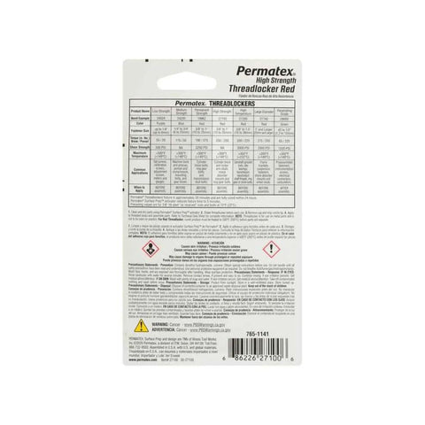 Back view of packaging for Red High Strength Thread Locker.20 Oz Quick Drying Adhesive For Metal Plastic And Composite Fasteners