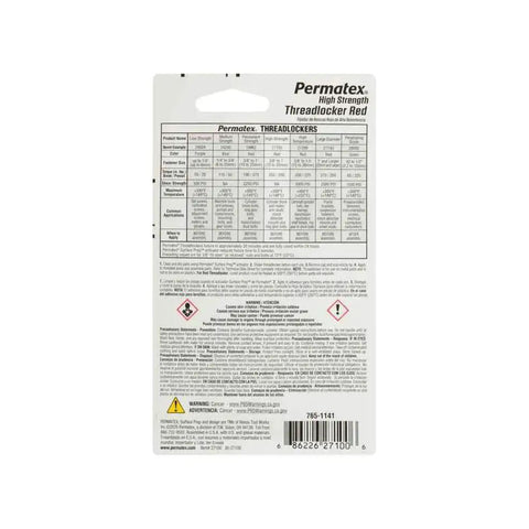 Back packaging of Red High Strength Threadlocker 0.20 Oz That Locks Tight and Keeps Loosening Away on Metal Threads Industrial Grade Adhesive