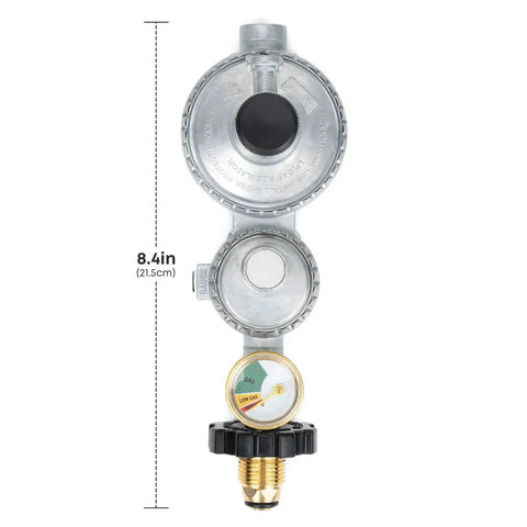 Two Stage Propane Regulator With Gauge For RVs Vans And Trailers, Vertical Style With POL Tank Connection And Three-Eighths Inch Female NPT close-up