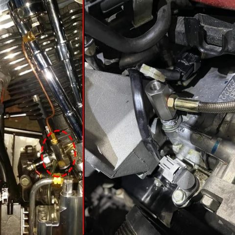 Stainless steel 1/8 NPT oil pressure sensor tee adapter installed in engine bay with braided hose connection