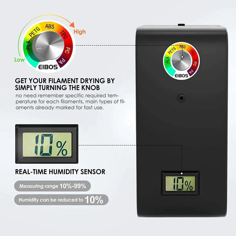 3D Printer Filament Dryer Box with fan, adjustable temperature and humidity control display, spool holder, keeps filament dry.