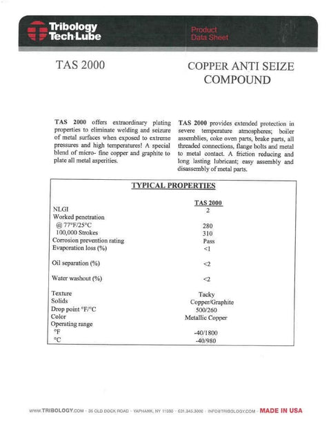 Copper anti-seize lubricant data sheet for industrial use, highlighting protection and properties, by Tribology Tech Lube.