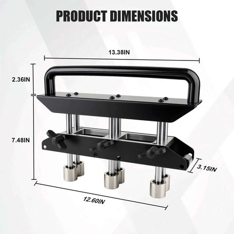 Pro Grade Three Station Edge Roller Bender dimensions showing 13.38in length, 12.60in width, and 7.48in height with three adjustable rollers.