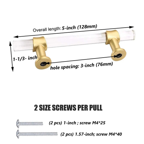 Gold Clear Acrylic Cabinet Pulls 10 Pack For Dresser Drawers And Kitchen Cabinets 3 Inch Center To Center Spacing with screws