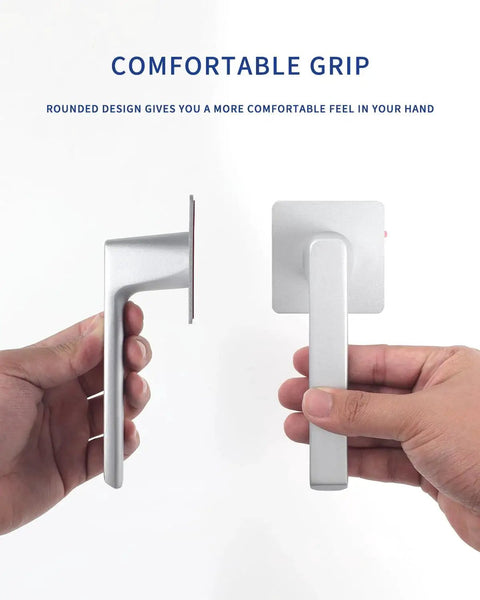 Two Pack Stick On Door Handles 6 Inch Self Adhesive Cabinet Handles Gray With Easy Peel And Stick Installation No Drill No Damage To Doors Ideal For Cabinets Sliding Screens Closets Showers Glass Windows Outdoor And Garage Pulls displayed in a person's hands.