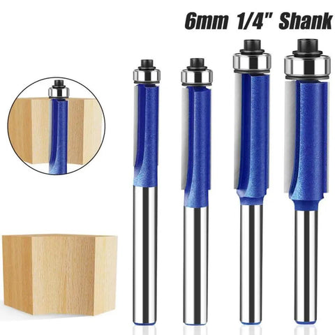 Four Piece Flush Trim Router Bit Set With One Quarter Inch Shank And Top Bearing Includes Cutting Diameters One Quarter Five Sixteenths Three Eighths And One Half Inch Industrial Carbide Cutters For Smooth Finishing On Solid Wood MDF Plywood And More