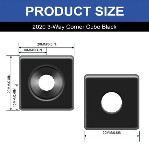 Product size diagram of 8 Pack 2020 Corner Cube M6 Black Connectors For V Slot Aluminum Extrusion, shown with measurements.
