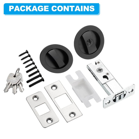 Round Recessed Privacy Door Lock With Keys For Sliding Doors, Matte Black Invisible Pocket Hardware set with installation parts