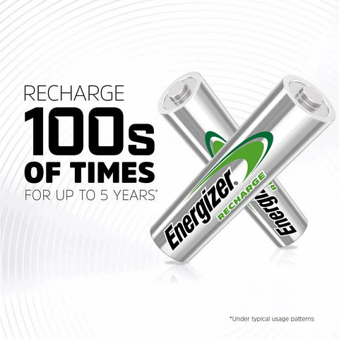 Energizer rechargeable batteries crossed with bold text emphasizing 100s of recharges and up to 5-year battery life on a white background.
