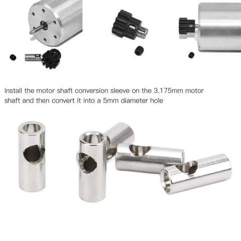 RC Pinion Gear Adapter 3.175mm To 5mm Shaft Reducer Sleeve For 3650 550 540 Motors, stainless steel set and installation view