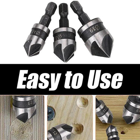 Three Piece Countersink Chamfer Drill Bit Set For Woodworking With One Quarter Inch Hex Shank, Includes 12 Mm 16 Mm And 19 Mm Bits