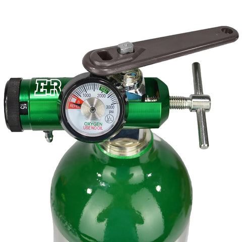 Ever Ready oxygen regulator with CGA-870 gauge, 0-15 LPM, green metal body and wrench key