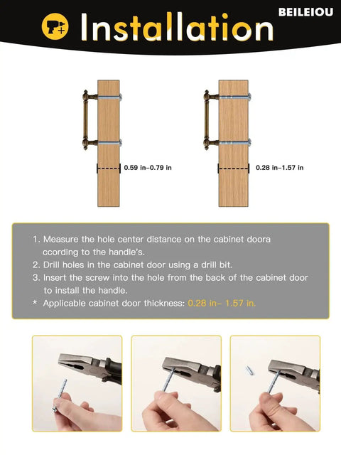 Installation guide for Antique Brass Zinc Alloy Cabinet Pulls Three And Three Quarters Inch Hole Center with screw instructions
