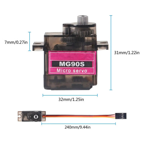 MG90S Micro Servo Set For RC Projects Dope Eight 9G Steering Gears 360 Degree Rotation With Metal Gears dimensions shown