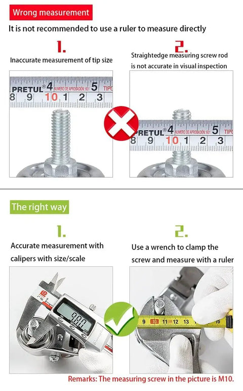 Guide on accurate and inaccurate measurements for screws using rulers and calipers.