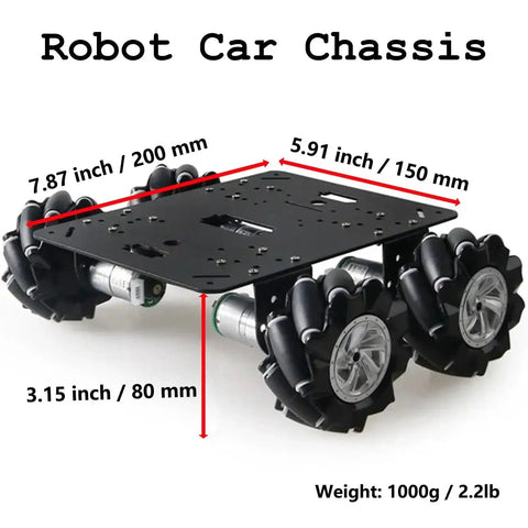 Omnidirectional 80mm Mecanum Wheel Robot Chassis MC200 4WD Kit with aluminum panel and DC encoder motors, size dimensions shown