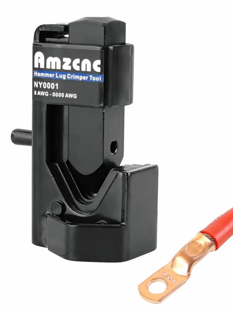 Heavy Duty Hammer Lug Crimper For 8 AWG To Four O Wire Gauge And 0000 Battery Cables, shown with cable connector