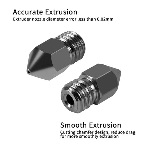 Close-up of two Five Pack 0.6mm Hardened Steel MK8 Nozzles for 3D Printing, showcasing precision tips and threading.