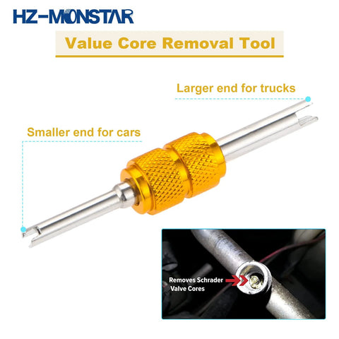 HZ-MONSTAR piercing valve tool, orange knurled aluminum body, dual ends for car/truck Schrader cores, 4-pack