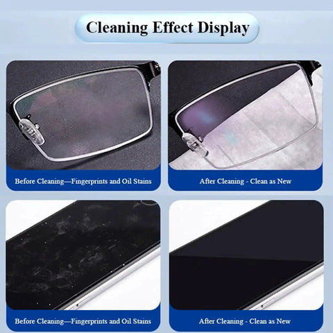 Pocket Lens Cleaning Wipes for Glasses and Screens, Quick Dry Non Streak Pack showing before and after cleaning results