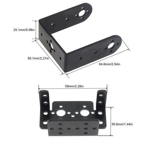 Two black aluminum pan-tilt servo mount brackets (U- and L-shaped) for MG995/MG996R, 2-set kit