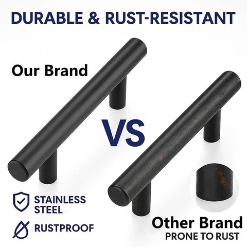 Comparison of 15 Pack Black Cabinet Handles 5 Inch Stainless Steel Drawer Pulls With Precise Hole Spacing And Included Screws, showing rust resistance.