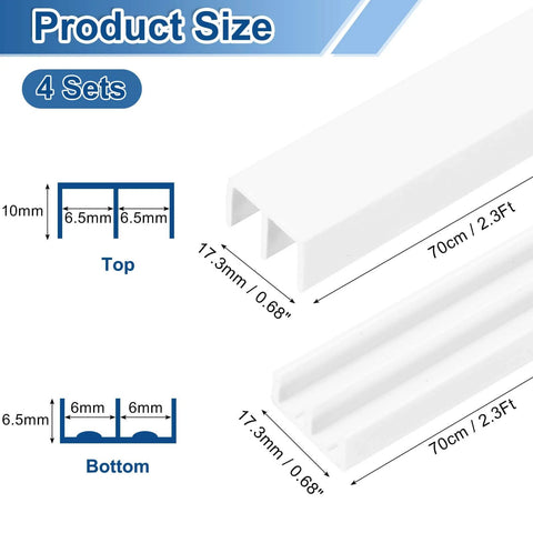 Dimensions of the 4-Piece Plastic Sliding Door Track Set For 1/4 Inch Panels, 2.3 Ft Long, White Upper And Lower Rails