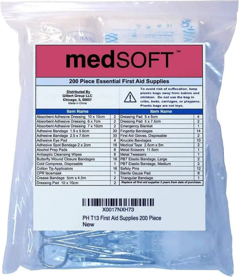 200 Piece First Aid Kit Refill Pack With Extra Medical Supplies For Universal Restock bag with list of contents visible