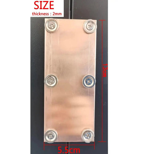 Front view of Magnetic Copper Welding Spoon Backing Set with two 5-inch copper panels and replaceable magnet design for butt welds.