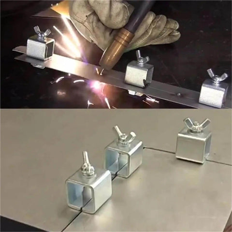 Close-up of Butt Weld Clamps 10 Piece Set For Metal Working Weld Clamp Jig Holders securing metal sheets during welding.