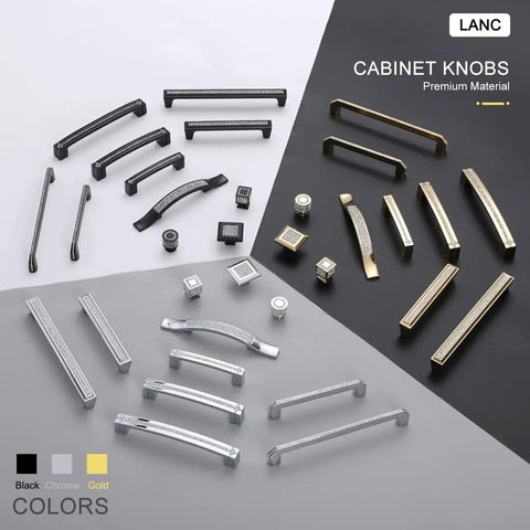 Assorted cabinet knobs and pulls in black, chrome, and gold finishes, featuring various designs for kitchen and bath cabinets.
