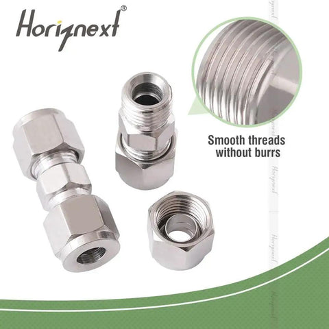 Stainless Steel 304 Compression Fitting From Horiznext For One Quarter Inch Outer Diameter Tubing Connecting Stainless Steel Copper Rigid And SemiRigid Tubes Up To 1000 Psi Withstand From Minus 100 To Plus 660 Fahrenheit Ideal For Air Lines Water And with smooth threads close-up