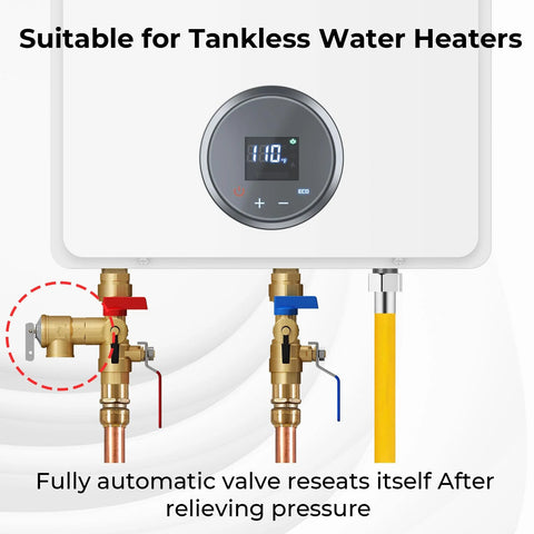 FOGATTI brass safety relief valve, 3/4 in NPT, 150 PSI, 2-port for tankless water heaters, installed on copper line