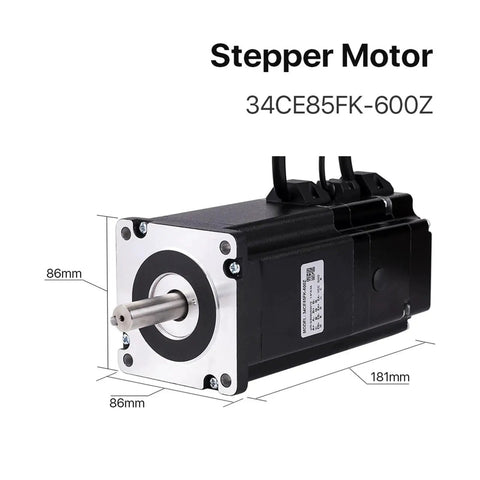 Front view of a NEMA 34 closed‑loop stepper motor; silver faceplate with shaft, black housing.