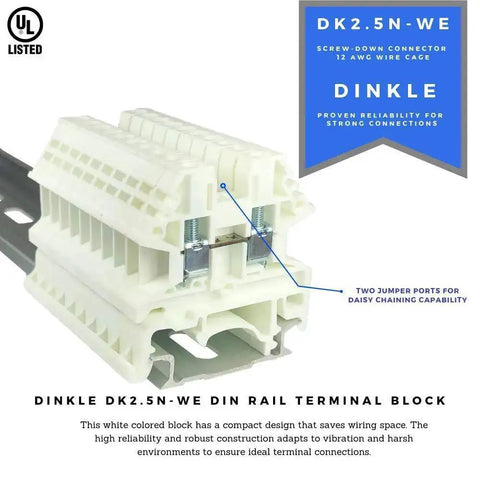 White DK2.5N-WE DIN Rail Terminal Block Screw Type 600V 20A 12-22AWG pack of 50 showing screw-down connector and jumper ports