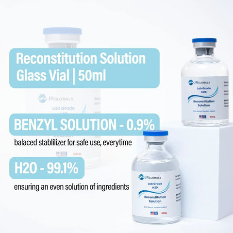 2-pack JRGlobals Reconstitution Solution glass vials, 50 mL each, benzyl 0.9% with 99.1% H2O, lab grade, USA-made